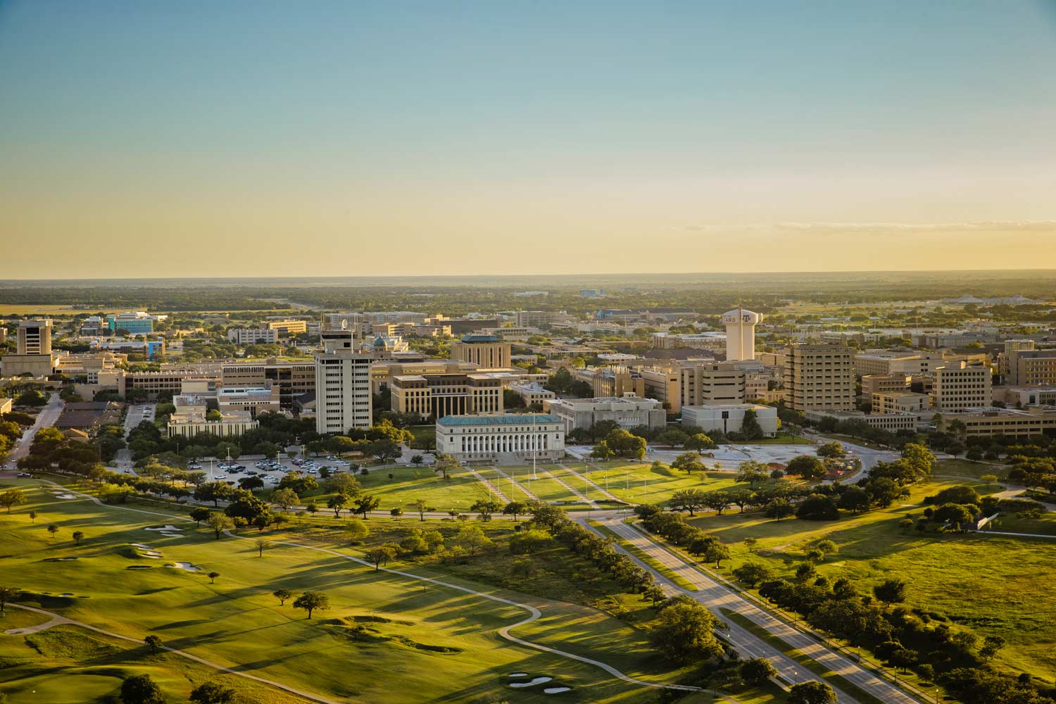 Aerial view from the entrance to the Texas A&M College Station Campus