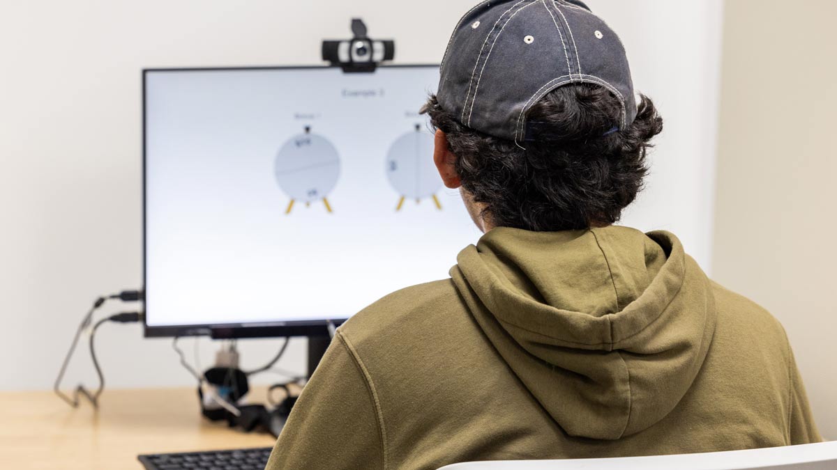 A person faces a computer screen with a perception test question